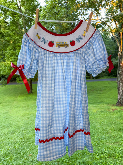 Blue School Bus Smocked Gingham Dress