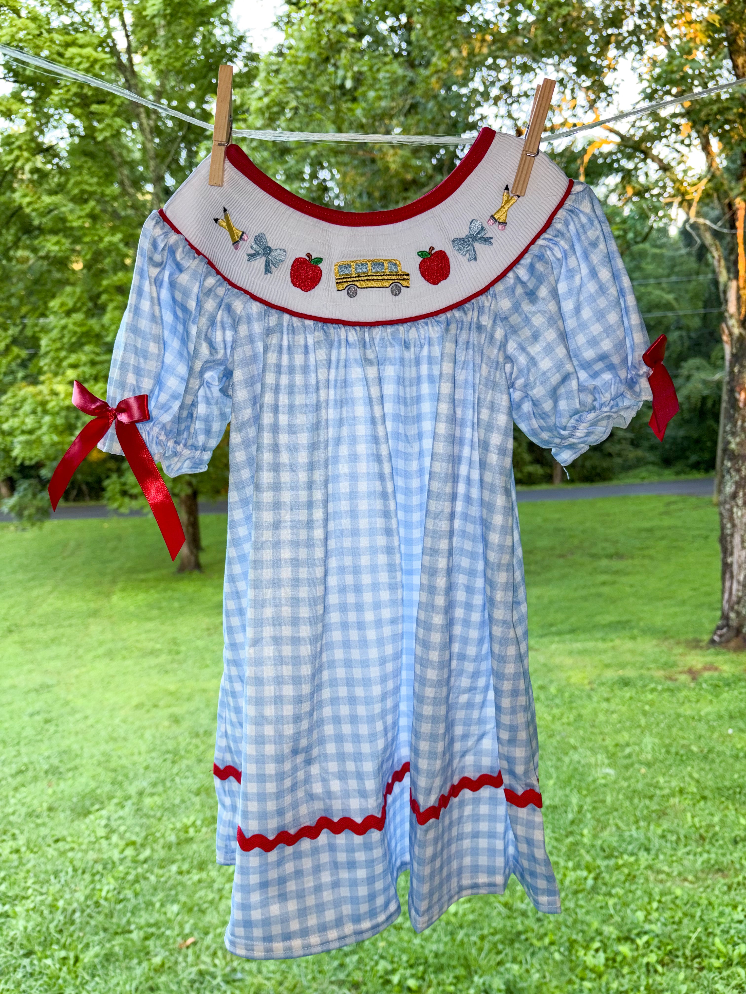 Blue School Bus Smocked Gingham Dress