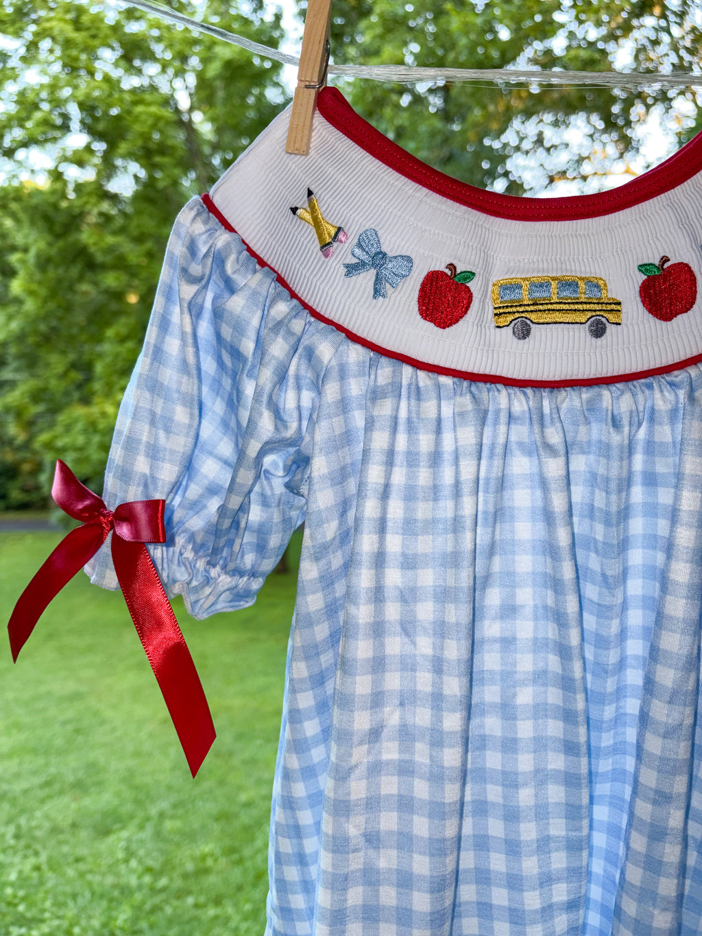 Blue School Bus Smocked Gingham Dress