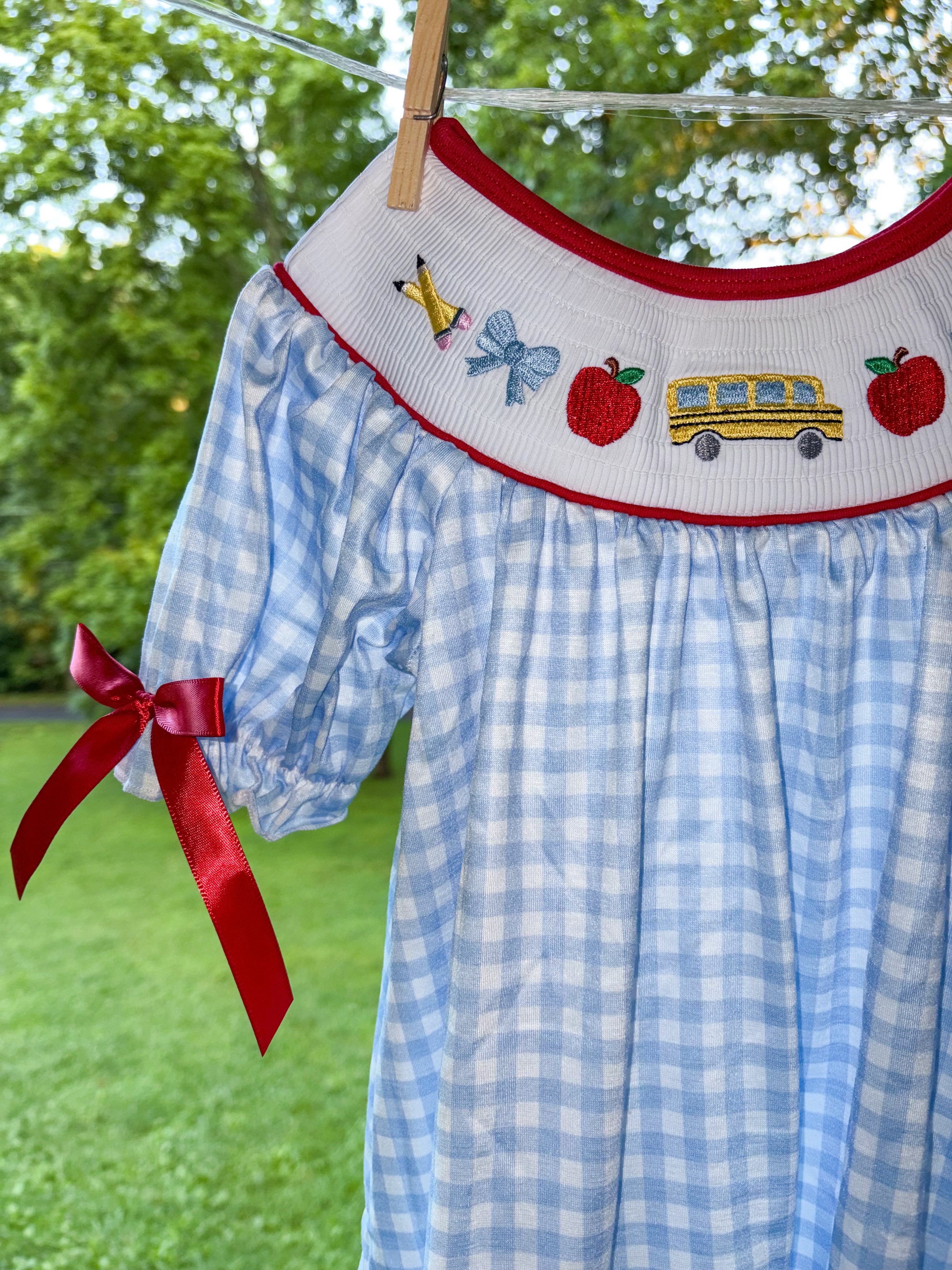 Blue School Bus Smocked Gingham Dress