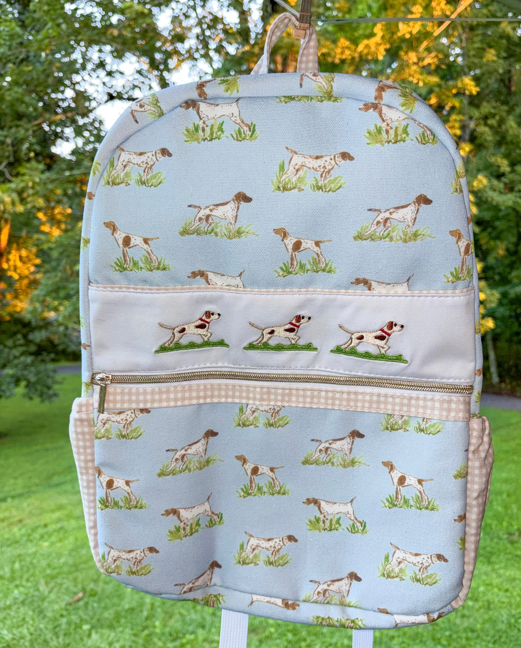 Blue hunting dog embroidery backpack