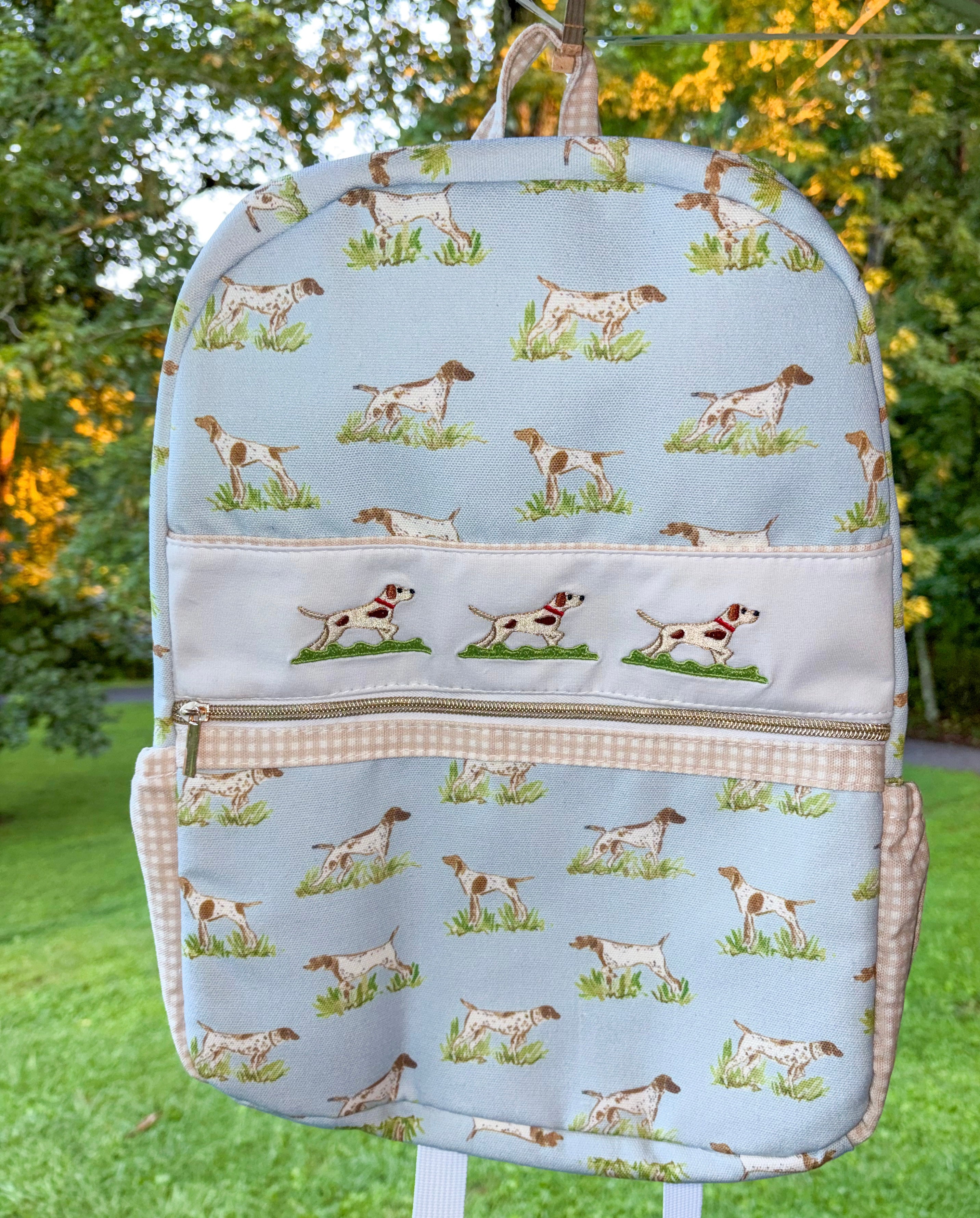Blue hunting dog embroidery backpack