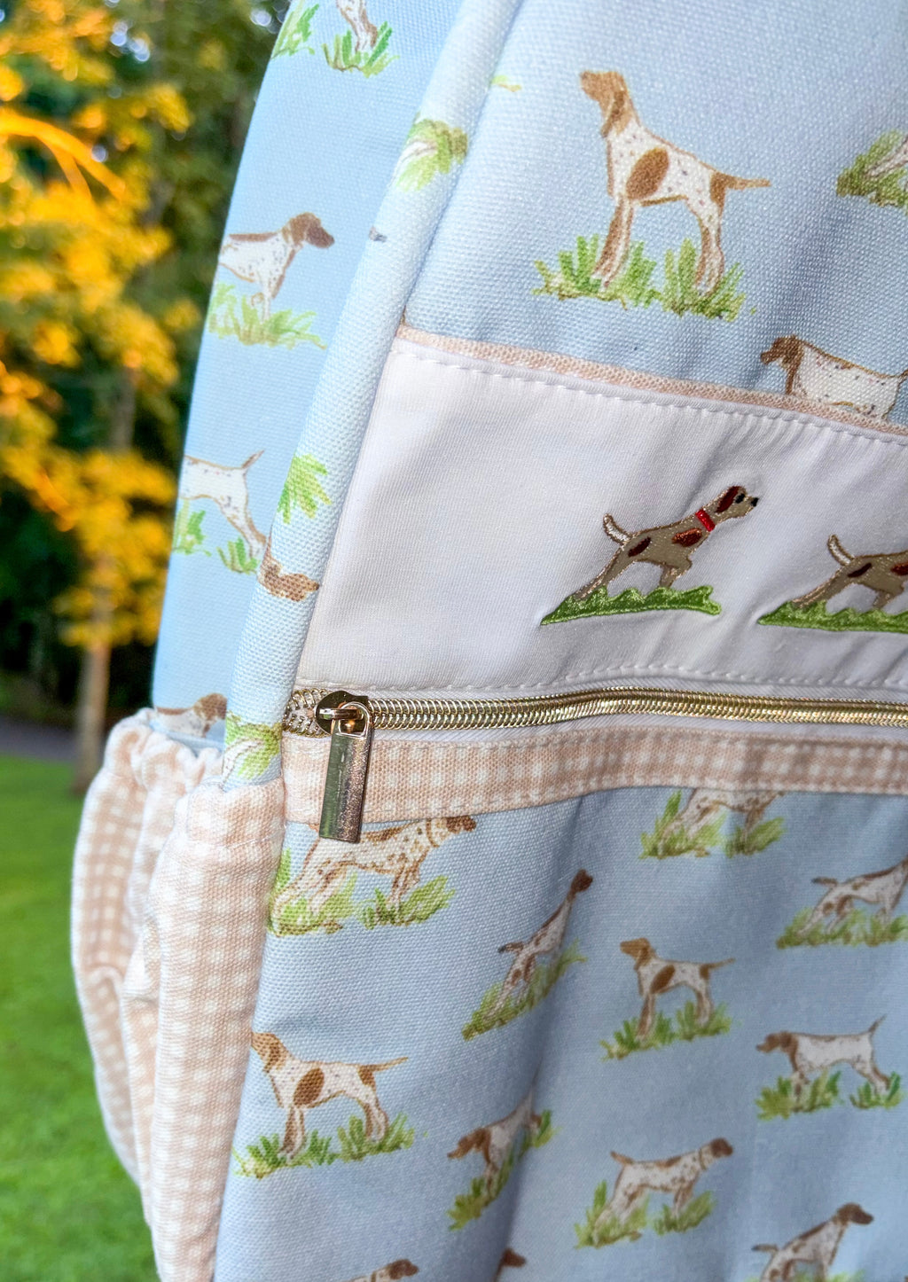 Blue hunting dog embroidery backpack