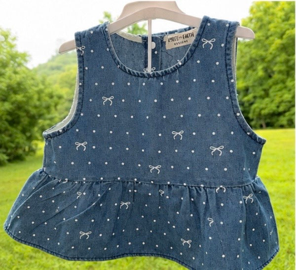 Denim Bow Poka Dot Ruffle Set