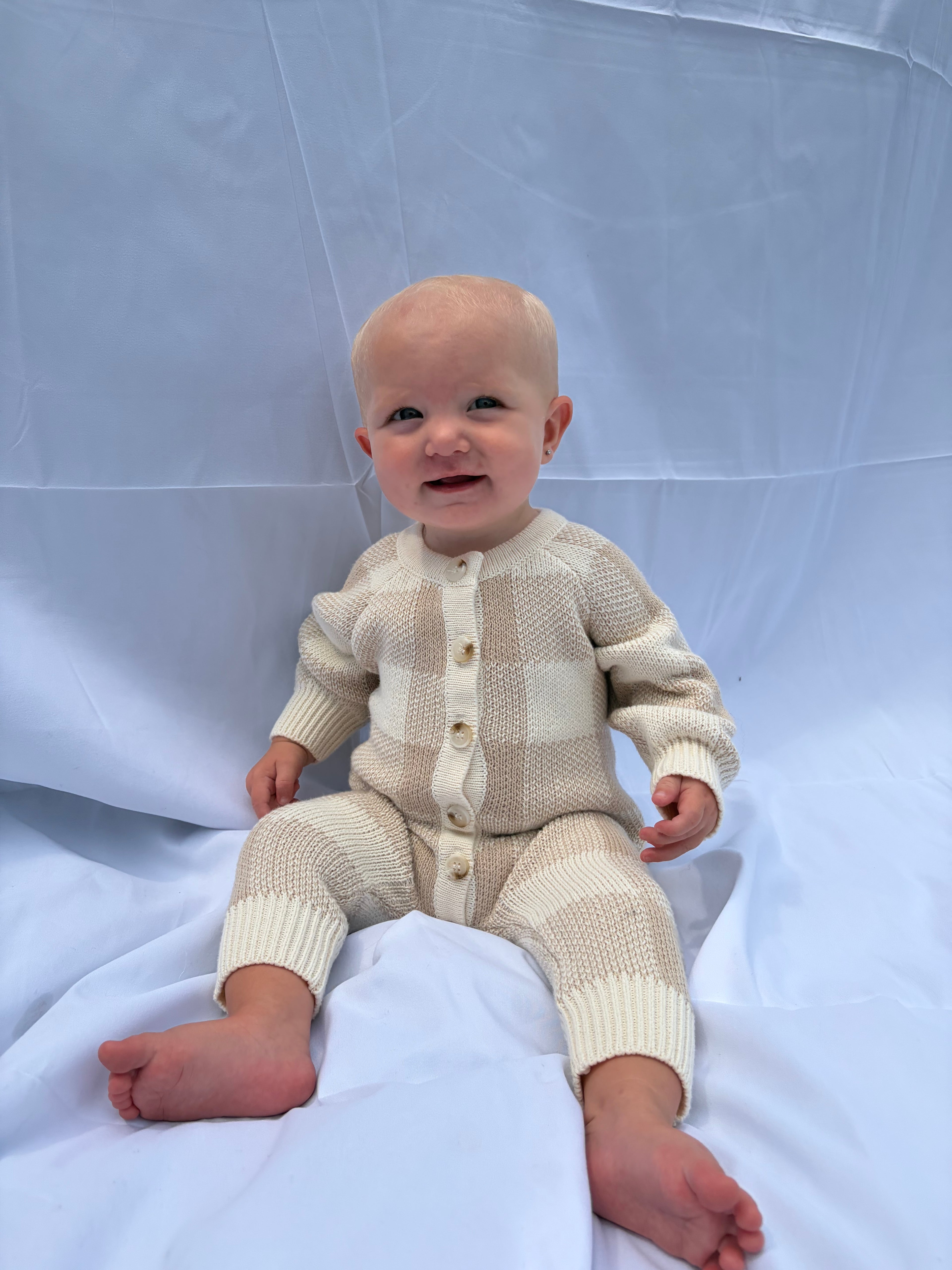 Tan Gingham Knit Jumpsuit
