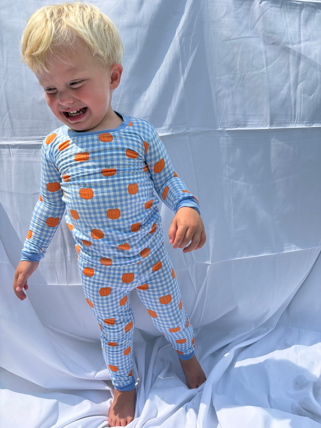 Blue Gingham Two-Piece Pumpkin Sleepers