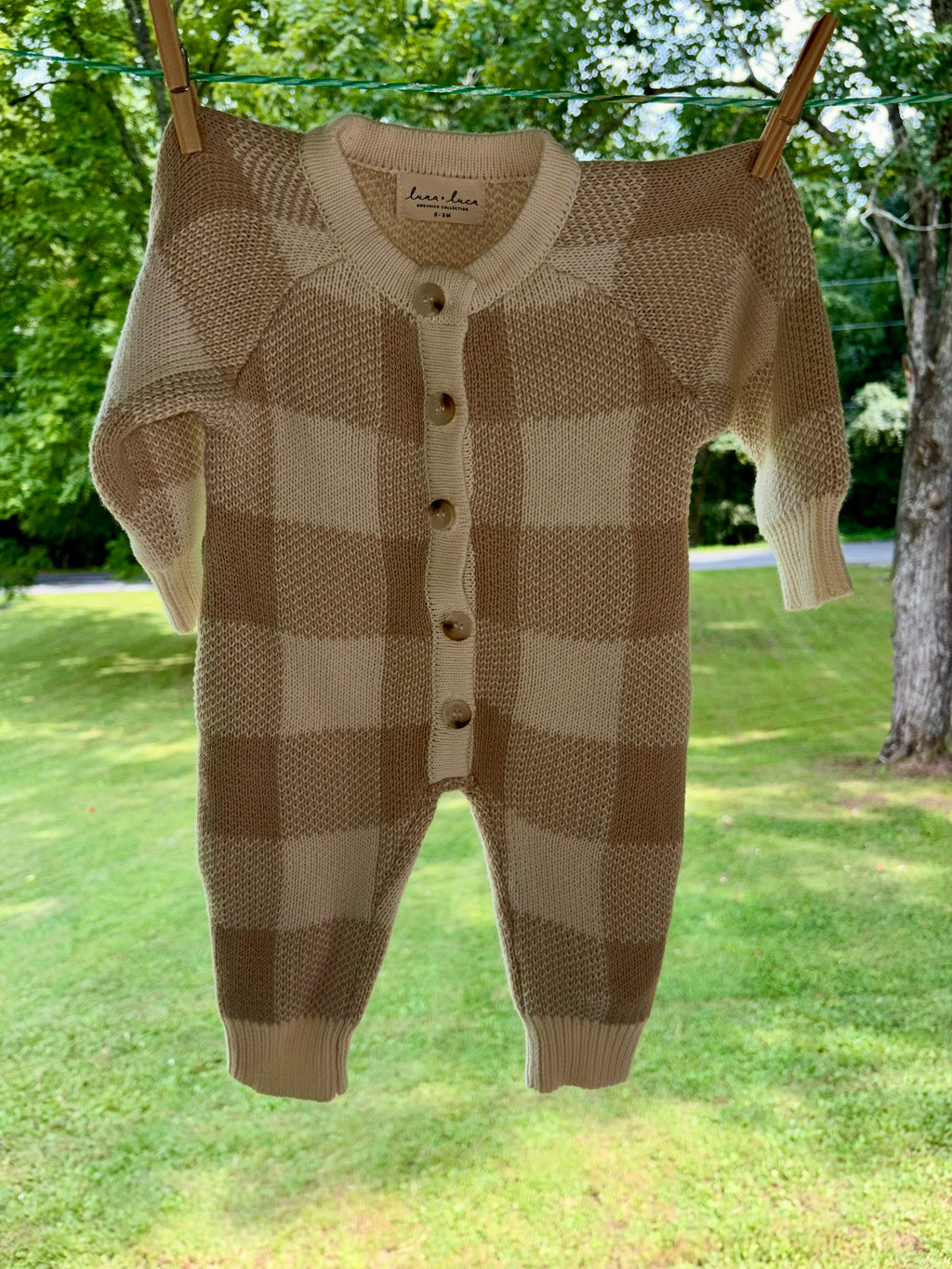 Tan Gingham Knit Jumpsuit